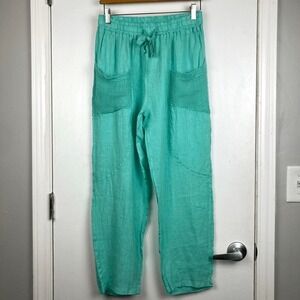 NWT Puro Lino Italy 100% Linen Turquoise Green Teal Aqua Pants Crochet Pockets S